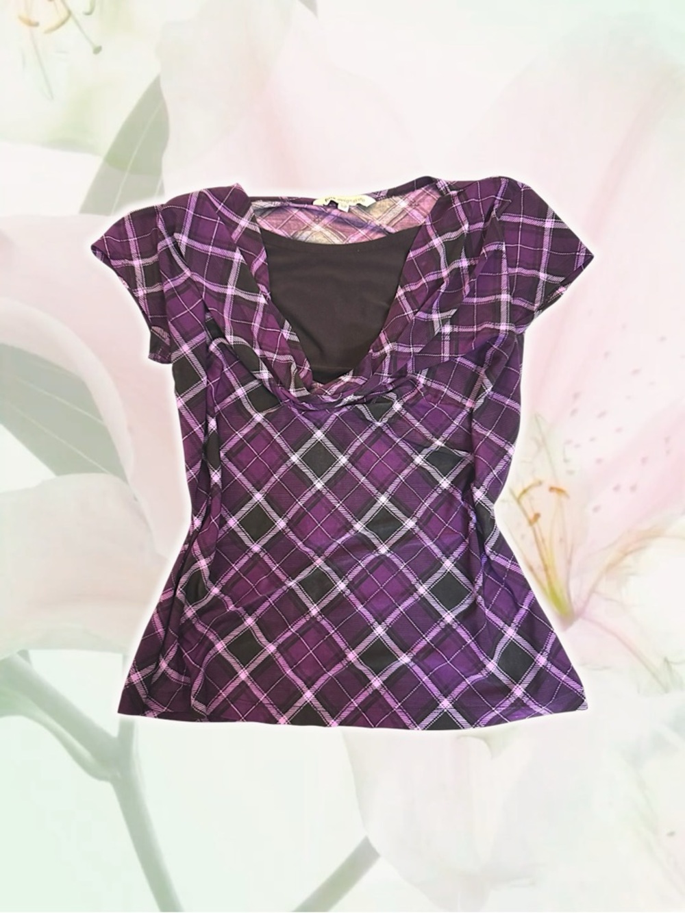 Plaid Cowl-Neck Short Sleeve Top in Purple